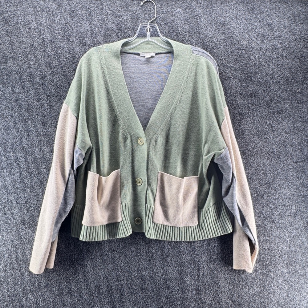 COS Wool Colorblock Cardigan Sweater Womens S Green Grey Minimalist Academic